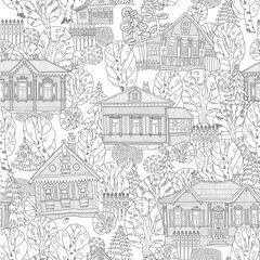 Seamless pattern of fairy tale wooden houses and trees. Contour doodle sketch for coloring book page