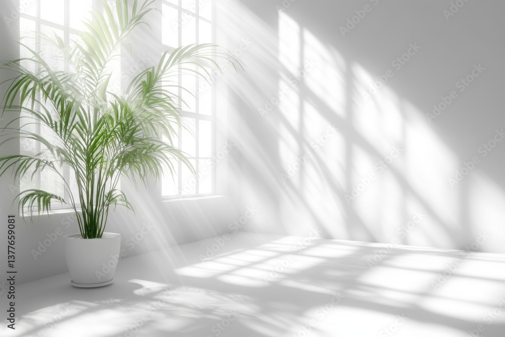 Poster serene indoor space with a potted palm tree and sunlight streaming through the window creating a tra