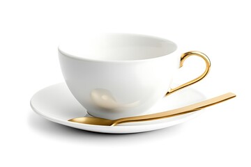 Obraz premium Elegant White Cup with Golden Handle and Spoon Isolated on White Background