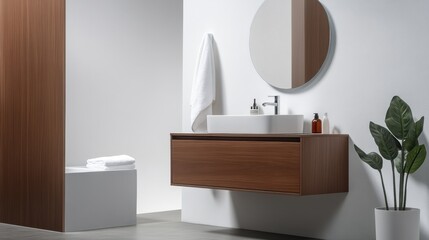 Modern minimalist bathroom with wooden vanity and round mirror