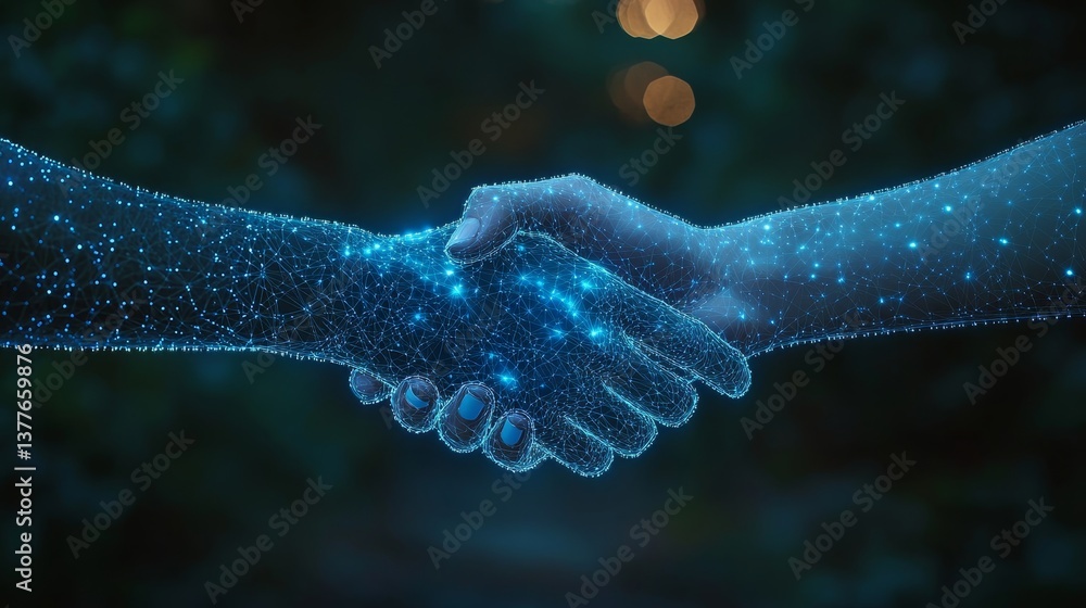 Poster digital handshake symbolizing virtual connection and technology collaboration
