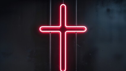 Abstract Red Neon Light Cross Design Glowing on Dark Surface