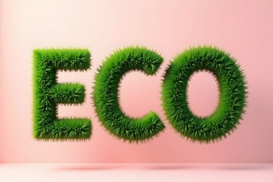 The word 'ECO' formed from lush, bright greenery, floating in mid-air against a soft pastel pink background