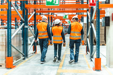 Warehouse workers walking through logistics center