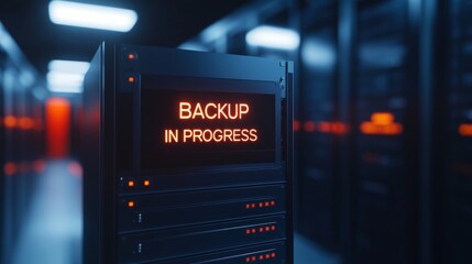 Server Room Data Backup In Progress, Glowing Text On A Server Rack Display, Cybersecurity Concept.