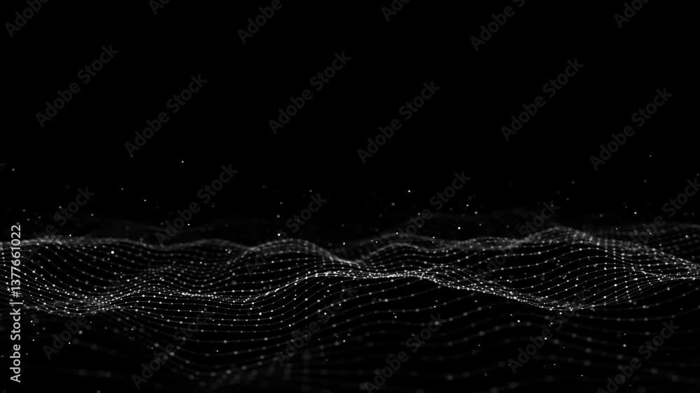 Poster Futuristic dynamic wave. Flow digital structure. Secure cybersecurity data connection. Cyber technology background. 3D rendering.	
