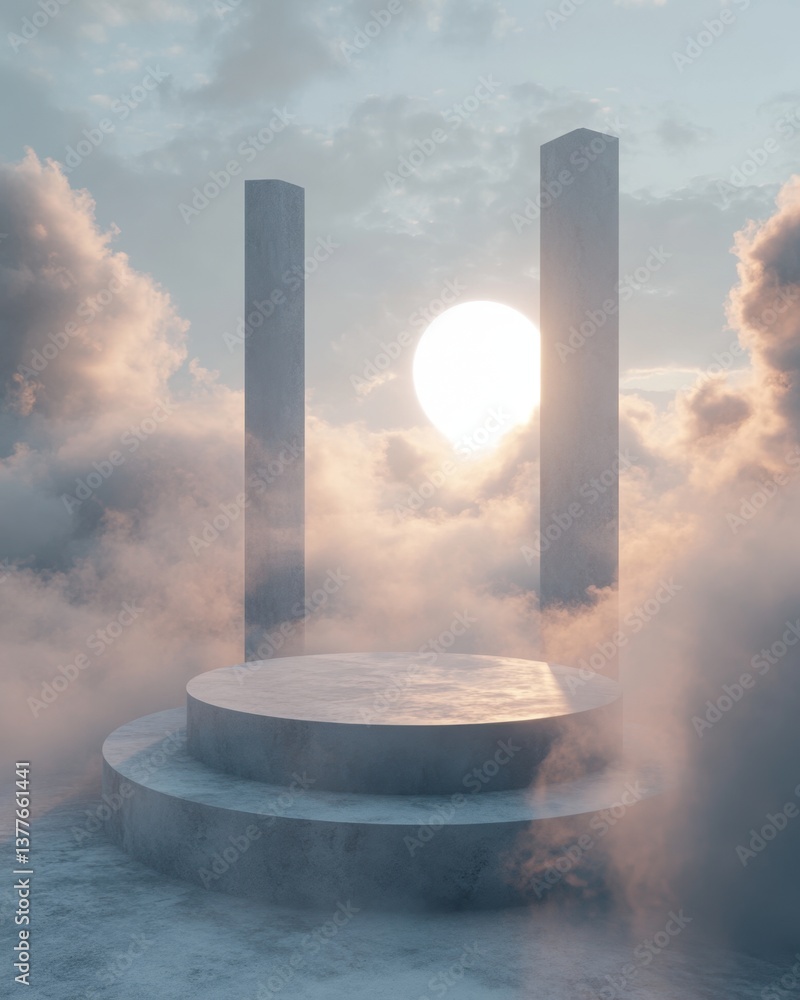 Poster ethereal platform in clouds with sunlight shining through the sky creating a serene and dreamy atmos