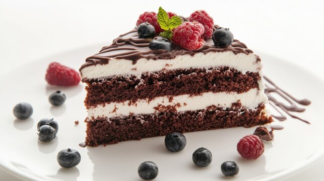 Creamy slice of cake with chocolate layers and raspberry garnish.