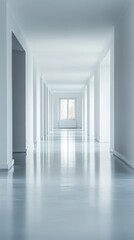 Fototapeta premium Serene and endless white corridor with polished floor and window at the end creating a sense of depth and perspective architectural photography