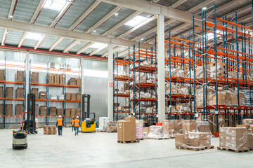 Warehouse workers managing logistics with forklifts and packages