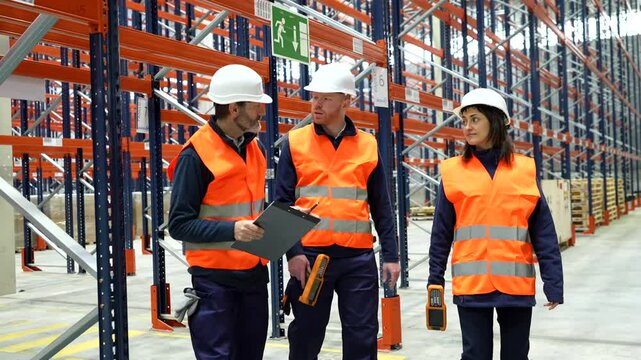Professional logistics team walking through warehouse corridor, analyzing inventory management and coordinating operational strategies with collaborative teamwork