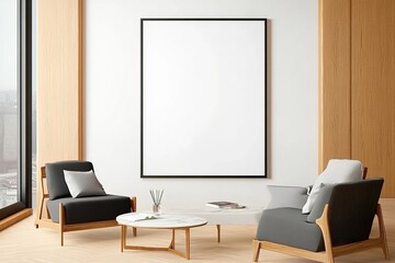 Modern interior with blank poster on wall. 3D Rendering