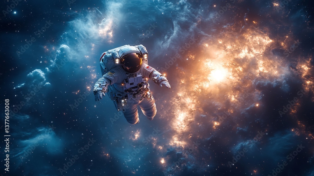 Poster astronaut floating in space amidst cosmic clouds with shimmering stars