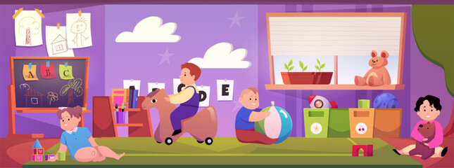 Vector poster of kids room interior with toddlers in different activities.
