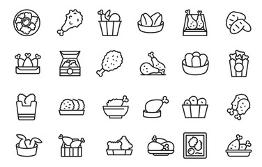 chicken crispy food meat meal icons set vector. fast delicious, wing fried, snack crunchy, leg cooked, eat tasty, dinner golden chicken crispy food meat meal black contour illustrations
