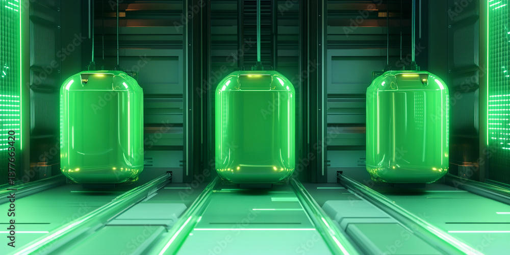Poster glowing green power energy pods in a futuristic setting generative ai