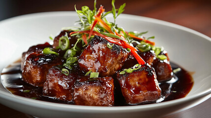 Appetizing dish with glazed meat and herbs served in a deep white plate