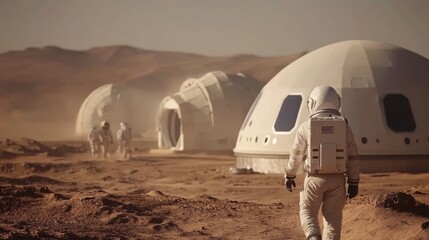Astronauts exploring mars base with futuristic domes under dusty martian sky
