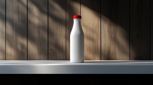 Whole milk bottle with red cap on display shelf in bright, minimal setting
