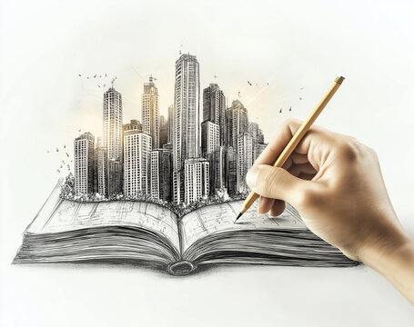 Visionary City: An artist's hand brings a stylized city to life on the pages of a sketchbook, conjuring the urban landscape with a blend of reality and creative flair.