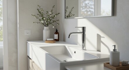 Fototapeta premium Modern bathroom sunlight illuminates minimalist design. AI Generated