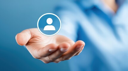 Human finger activating person symbol button for seamless online connection and communication