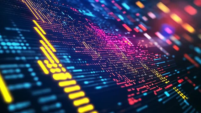 Colorful data visualization showing dynamic patterns and trends in a digital landscape at night