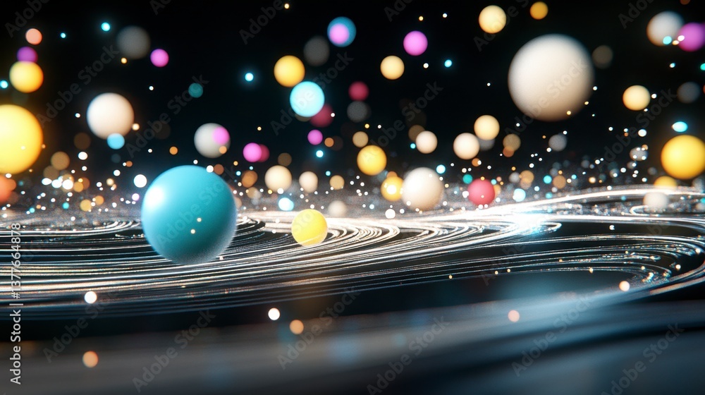 Aufkleber abstract digital art of colorful spheres floating above a dark, textured surface. glowing particles 