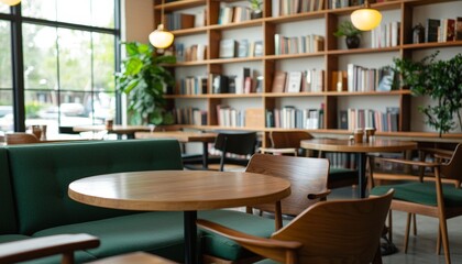 Cozy Modern Caf&eacute; Interior with Wooden Furniture and Bookshelves in Natural Light