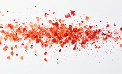 Abstract explosion of orange-red confetti on white background.  Dynamic, colorful, and scattered fragments create a vibrant visual effect