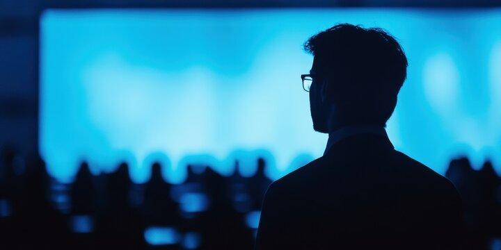 A professional man standing at a microphone, looking out at an audience during a presentation. The event is held in an auditorium with a stage and large screen projection.