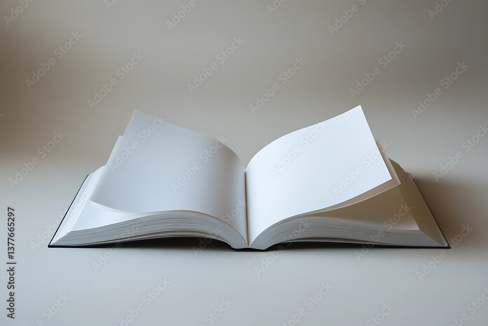 Poster open book with blank white pages, textured paper stack on neutral color background
