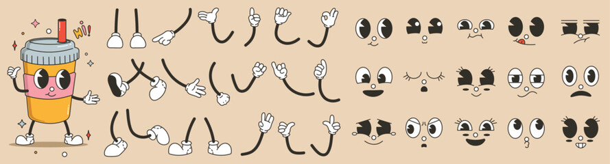 Set of 70s groovy comic faces vector. Collection of cartoon character faces, leg, hand in different emotions happy, angry, sad, cheerful. Cute retro groovy hippie illustration for decorative, sticker.