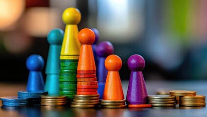 Colorful game pieces stacked on coins, forming a visual representation of inequality or social stratification