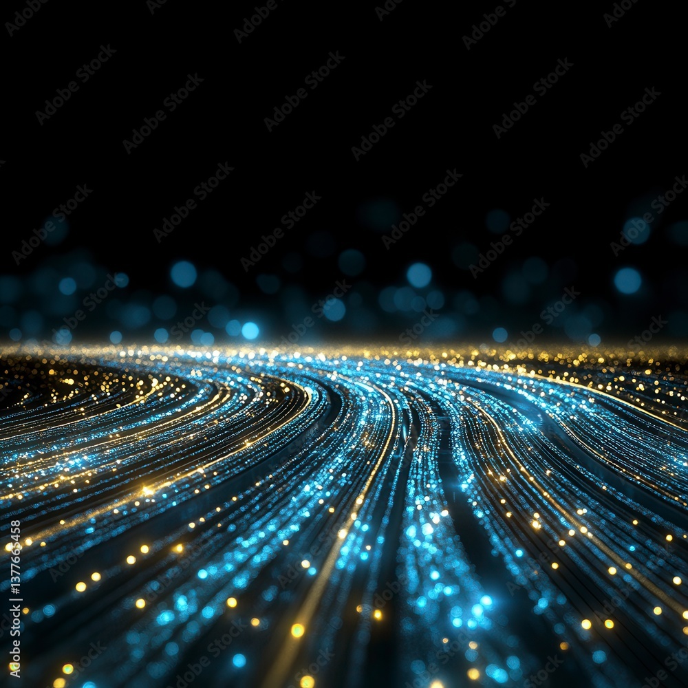Poster abstract background with glowing blue and gold particles forming dynamic light trails on a dark surf