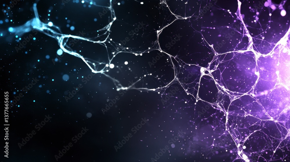 Poster abstract background with blue and purple glowing particles forming intricate patterns. the dark back
