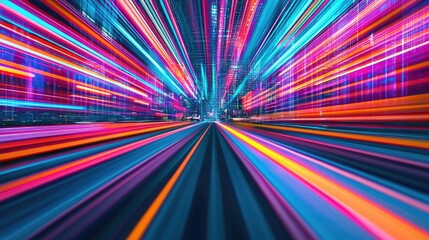 Motion blur city in cyberspace with futuristic skyline panorama concept. Vibrant light trails create a dynamic urban experience.