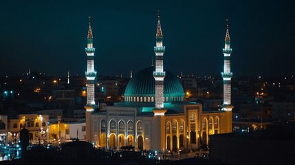 Fototapeta premium A majestic mosque with a green dome and minarets, illuminated at night