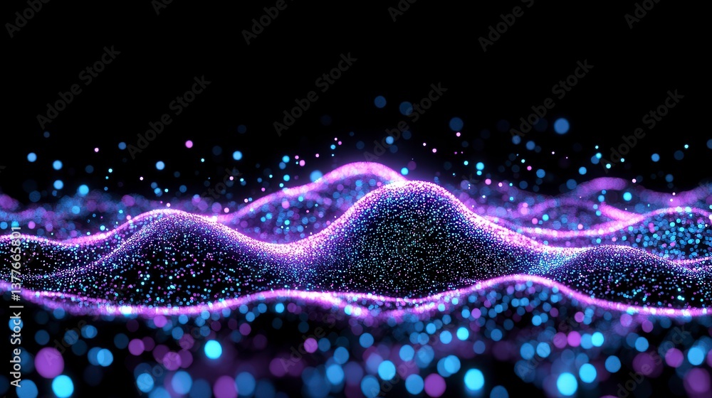 Poster abstract background with glowing purple and blue particles forming waves on a black background. boke