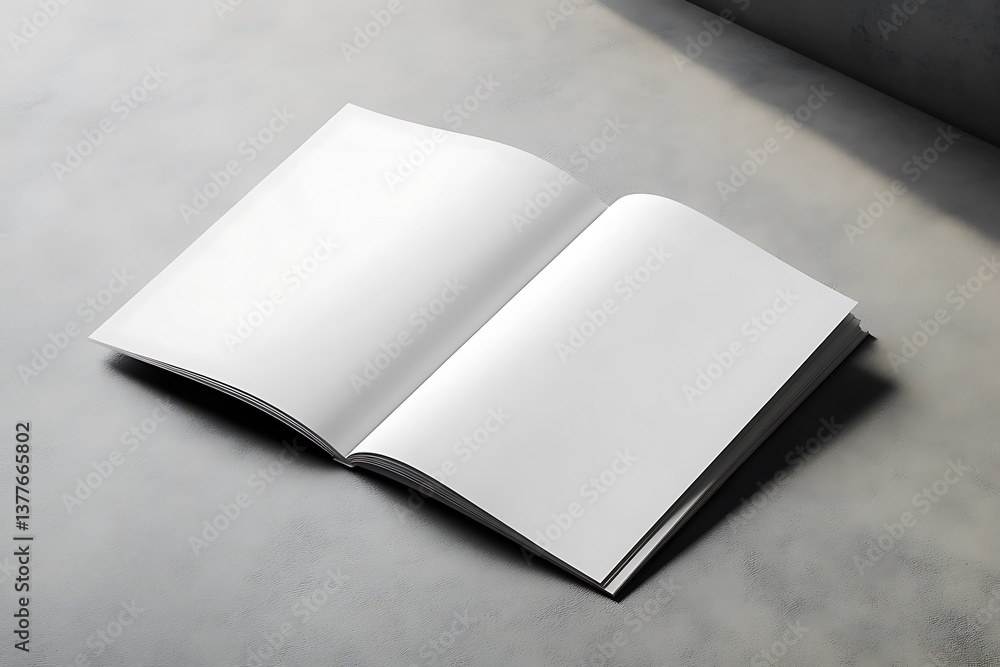 Poster open magazine with blank white pages on grey textured surface with soft shadows