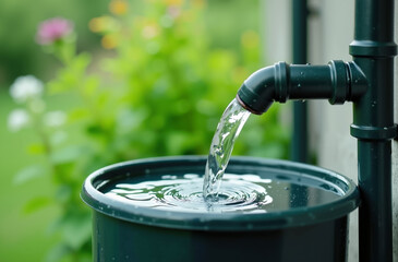Rainwater flows from a downspout into a green tank in a garden, promoting water conservation