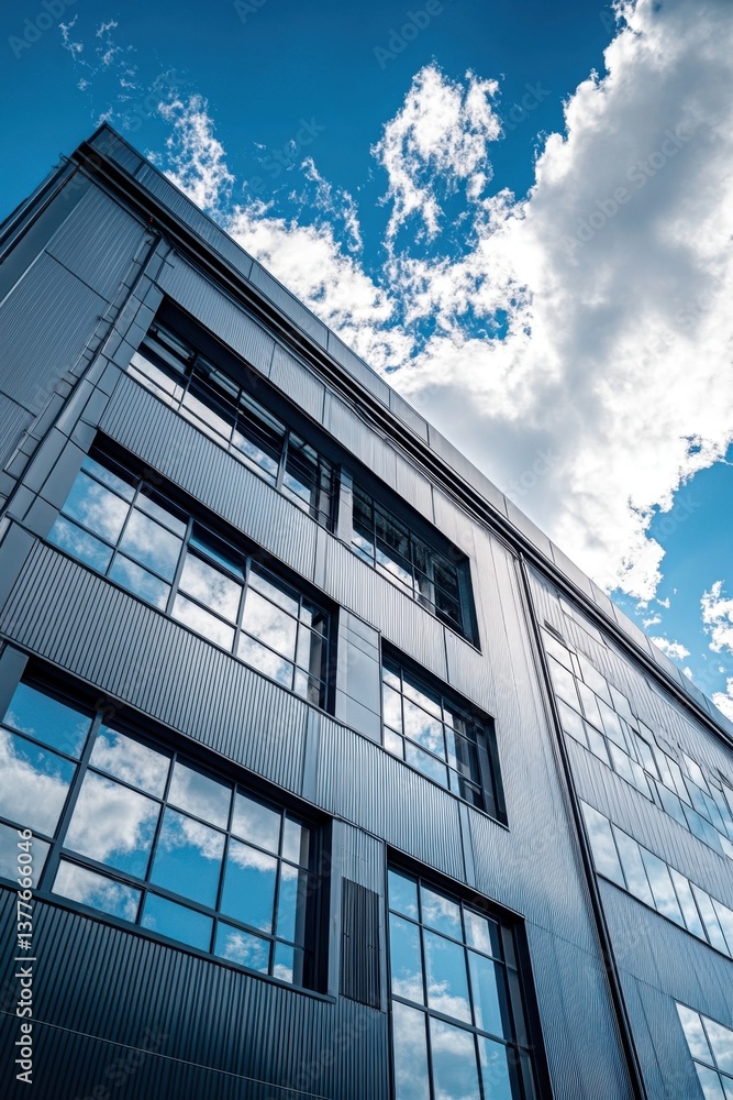 Poster modern architecture of a metal building with windows reflecting blue sky and clouds in a sunny day u