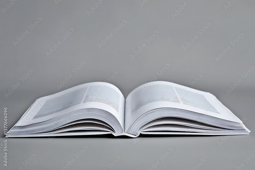Poster open white book with thick pages and text on gray background in studio shot