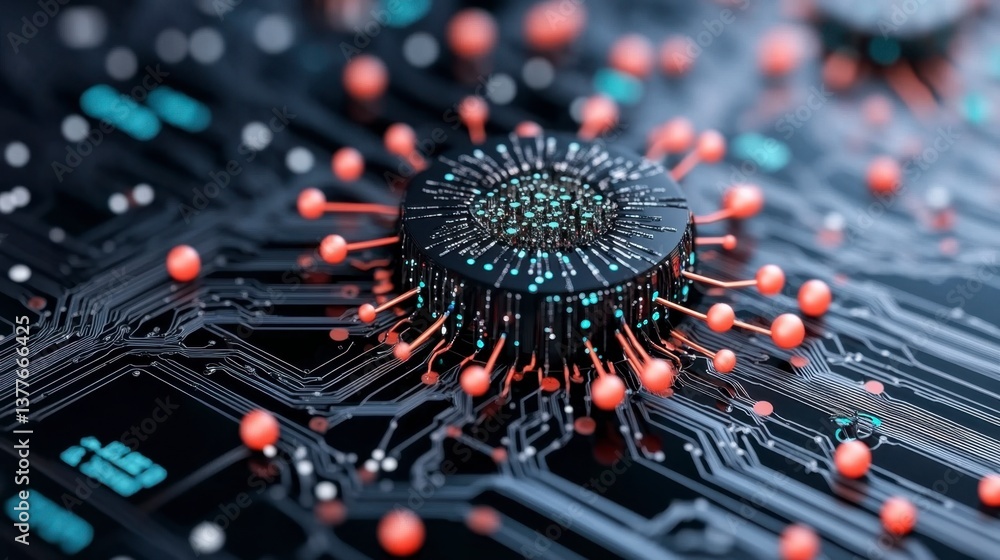 Poster abstract 3d rendering of a virus or microorganism on a circuit board, showcasing the intersection of
