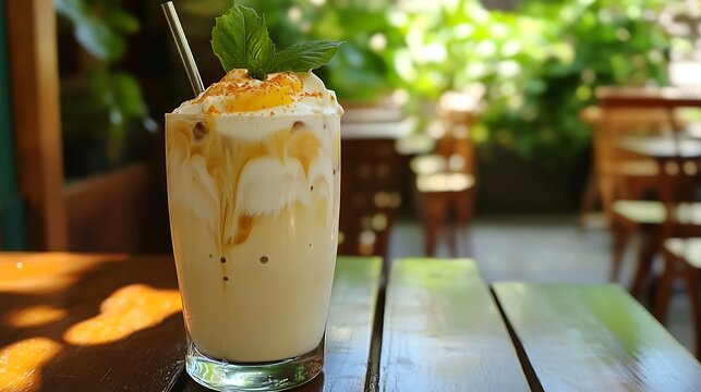 Delicious cold freddo cappuccino coffee at a greek cafe in summer