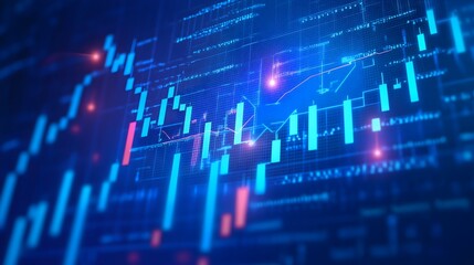 Trading Data Visualization: A dynamic visual representation of financial data, showcasing fluctuating market trends with vibrant blue and red graphs. 