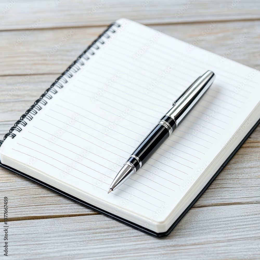 Poster close up view of a spiral bound notebook with blank pages and a silver pen resting on top, on a ligh