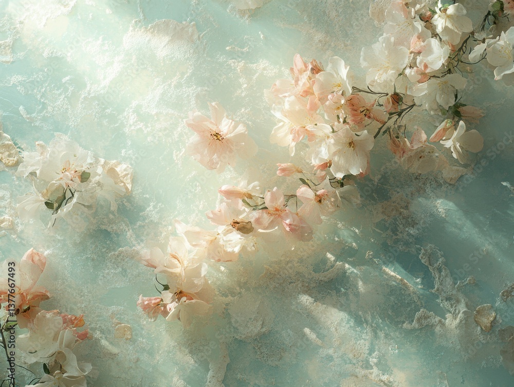 Poster ethereal blossoms on a textured surface creating a serene and dreamy atmosphere with soft light and 