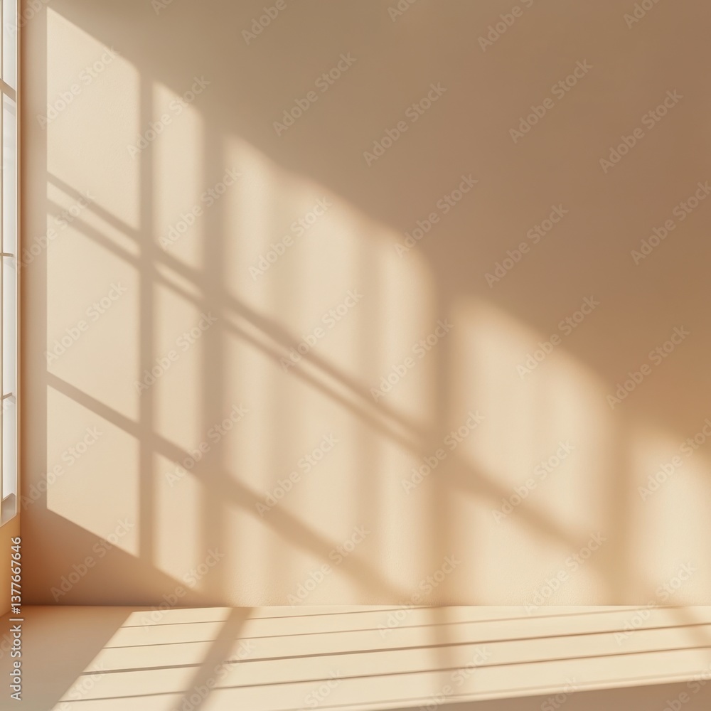 Poster sunlight streaming through window casting geometric shadows on beige wall creating minimalist serene