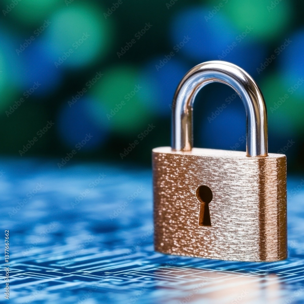 Poster close up of a brass padlock on a blue digital background. the padlock is in sharp focus, while the b